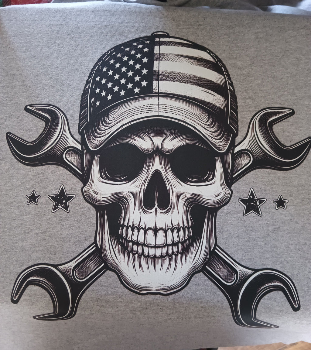 Patriotic skull T-Shirt, American flag hat& wrenches/ Mechanic: USA graphic tee