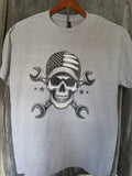 Patriotic skull T-Shirt, American flag hat& wrenches/ Mechanic: USA graphic tee